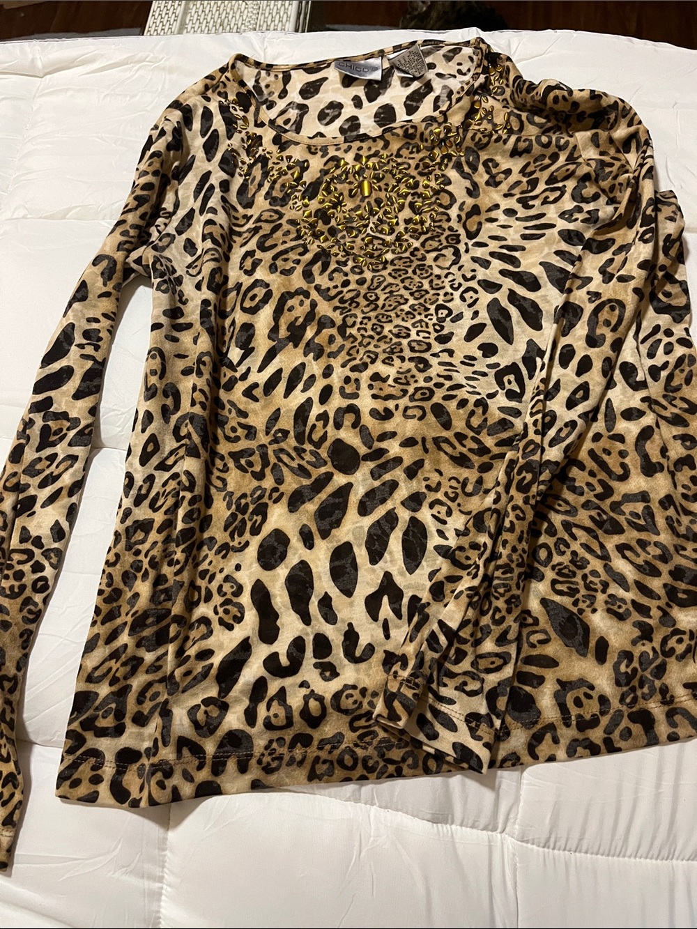 Chico's Leopard Print Long Sleeve Top with Beaded Neckline - Tan & Black